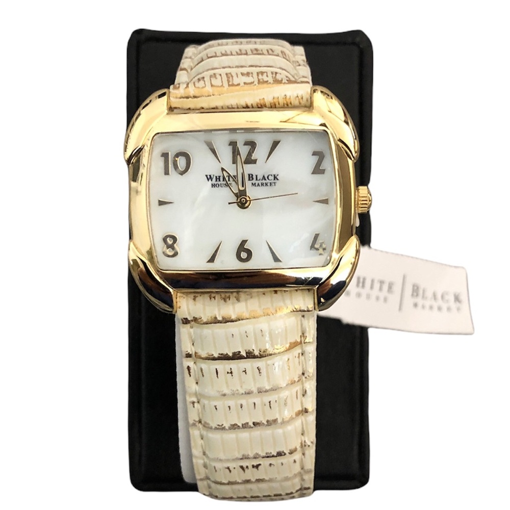 White House Black Market Women Quartz Watch, Light Beige and Gold Band